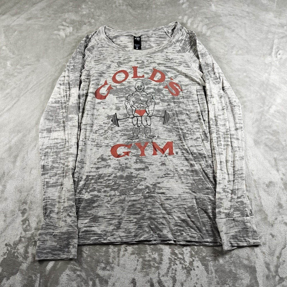 Vintage Golds Gym Shirt Womens Large Gray Burn Out Bodybuilding Gym Workout Y2K